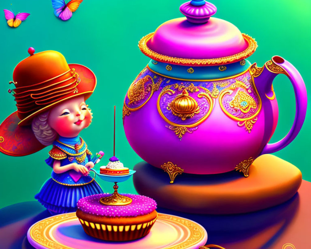 Colorful Illustration: Small Character in Purple Dress with Giant Teapot and Butterflies on Vibrant