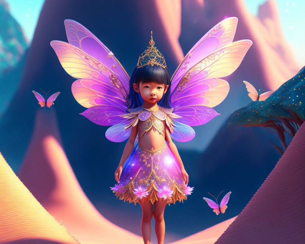 Child with Iridescent Wings and Crown in Mystical Landscape