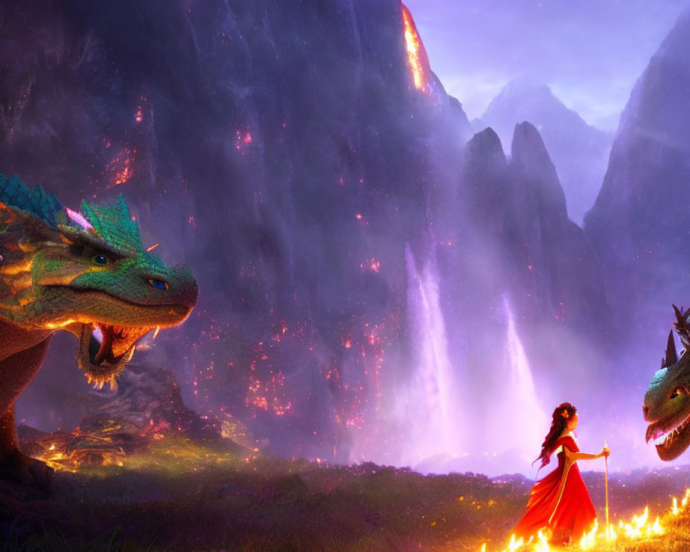 Woman in red dress between two dragons in mystical landscape with fiery trails, waterfalls, glowing peaks