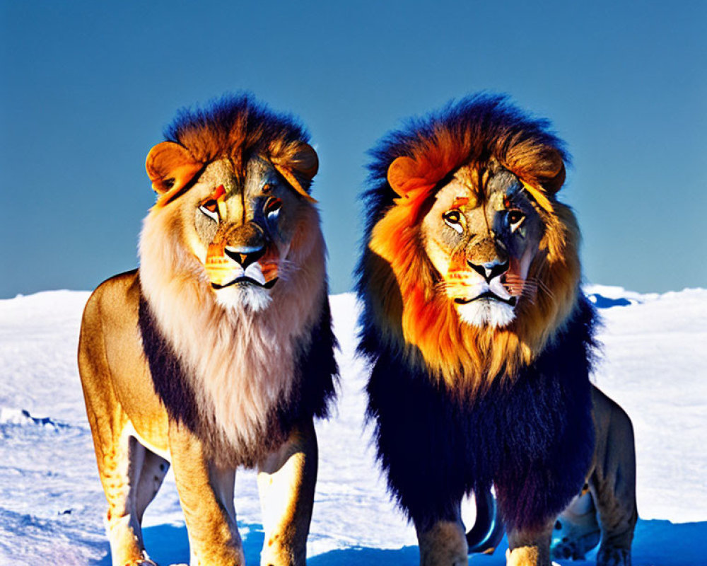 Two lions with vibrant manes in snowy landscape under clear blue sky