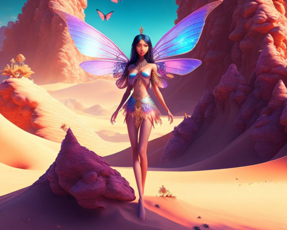 Iridescent fairy with butterfly in desert landscape