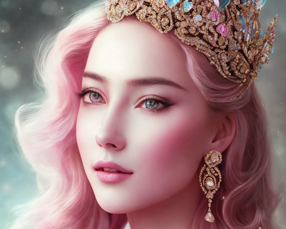 Portrait of woman with pink hair and jeweled crown in soft, ethereal lighting