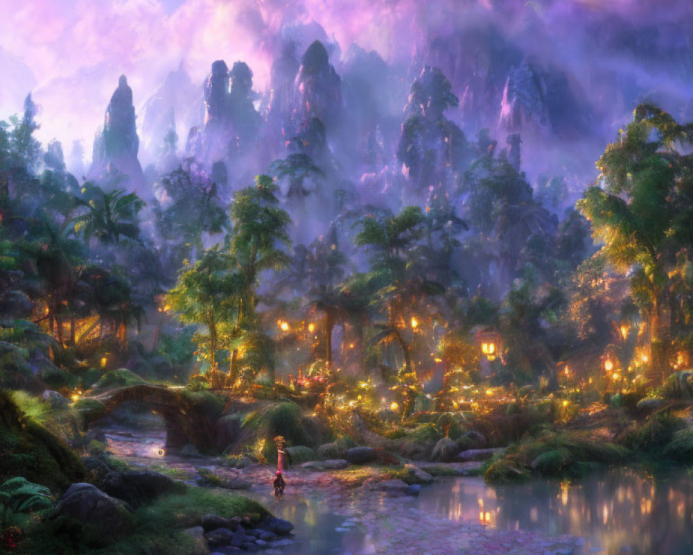 Mystical landscape with illuminated trees, tranquil river, and fog-covered mountains at twilight