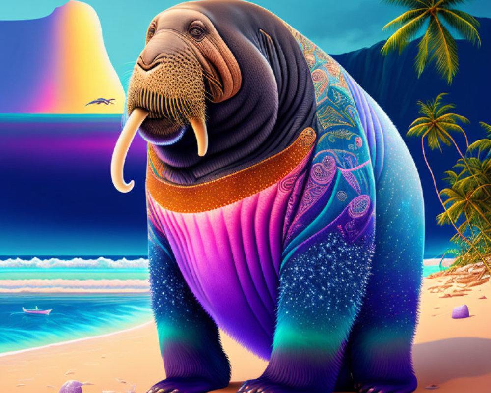 Colorful Walrus Illustration on Tropical Beach with Rainbow