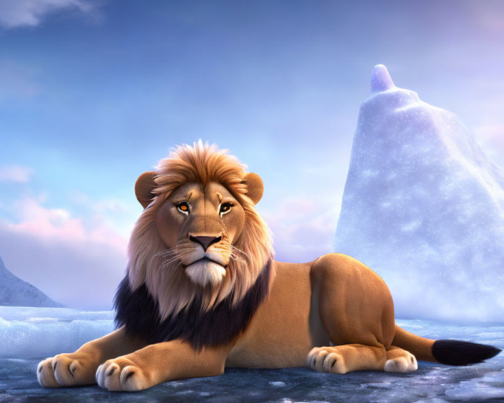 Majestic lion with flowing mane on icy terrain with icebergs and blue sky