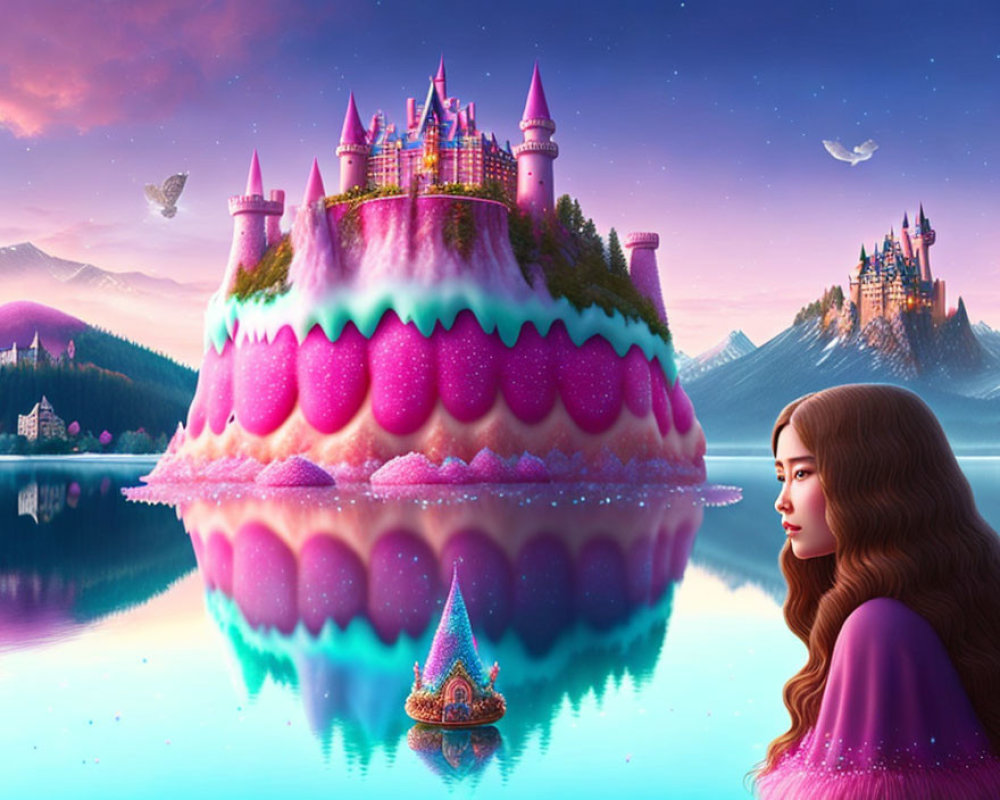 Long-haired woman gazes at whimsical castle on floating island above reflective lake