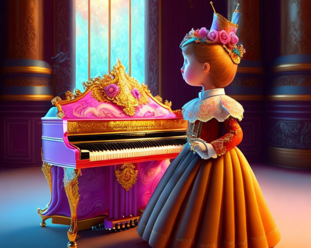 Young girl in royal dress at grand piano in luxurious room