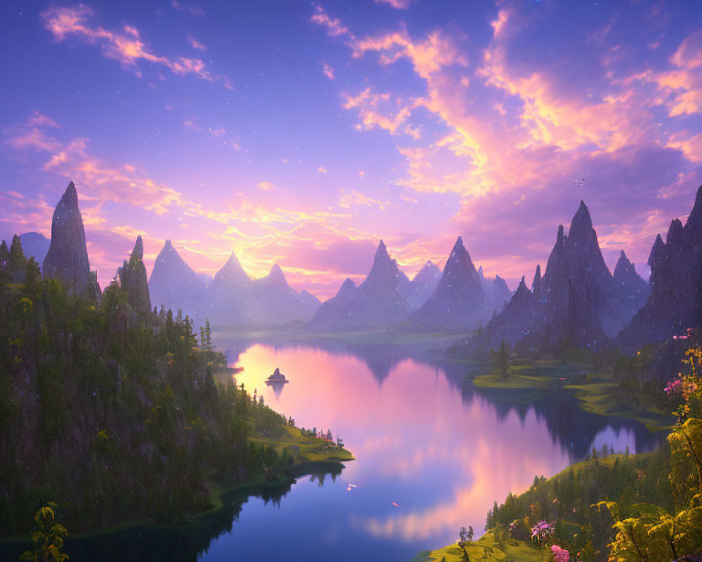 Tranquil twilight landscape with starry skies, towering mountains, and vibrant flora reflected in a serene