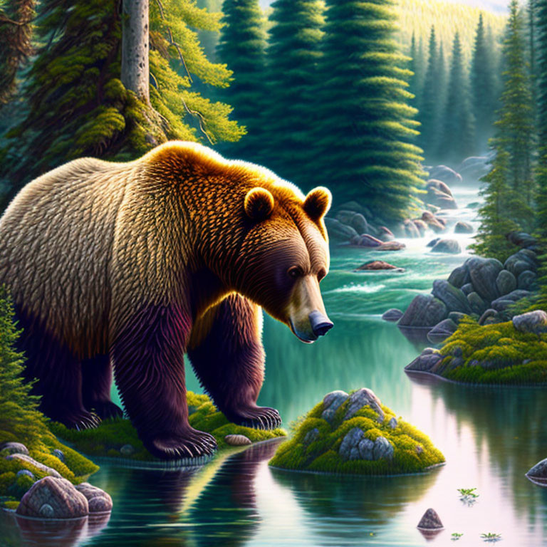 Brown bear by forest stream with lush greenery and sunlight.