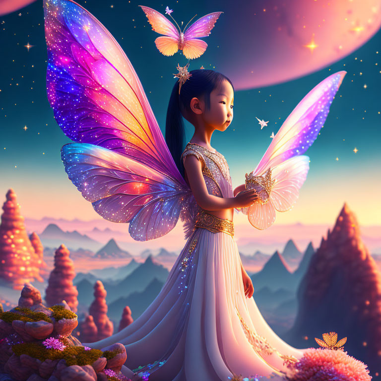 Young girl with butterfly wings in mystical landscape at dusk with glowing butterfly and giant planets.