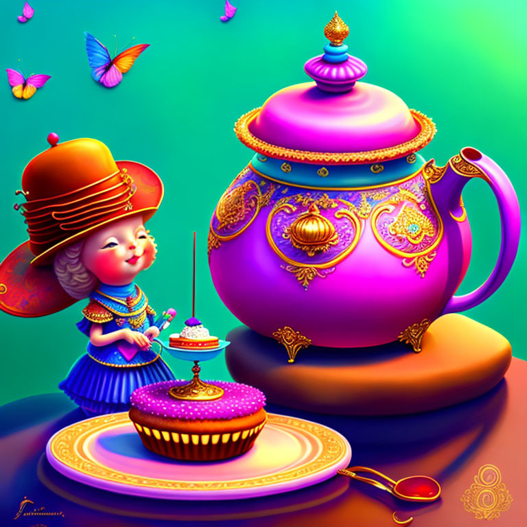 Colorful Illustration: Small Character in Purple Dress with Giant Teapot and Butterflies on Vibrant