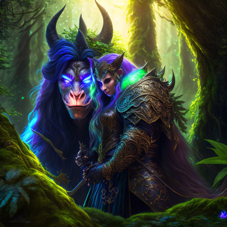 Fantasy illustration: Elfin warrior woman and horned creature in enchanted forest