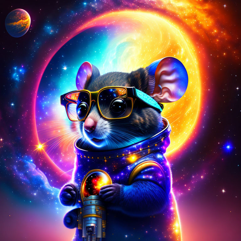 Colorful Space-Suited Hamster with Glasses and Futuristic Device in Cosmic Setting