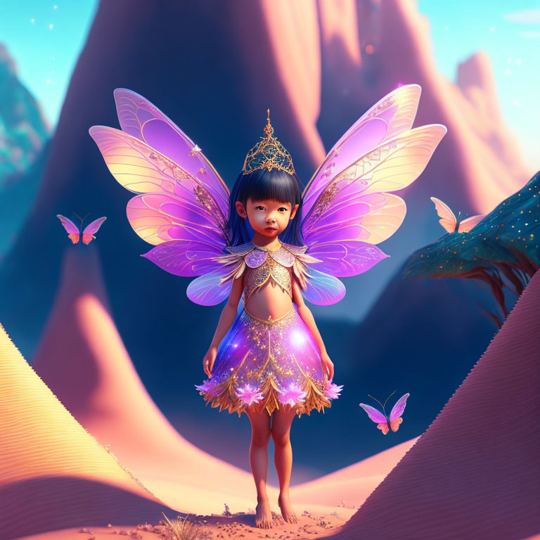 Child with Iridescent Wings and Crown in Mystical Landscape