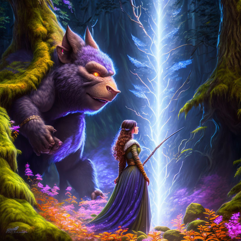 Mystical forest scene with woman, staff, and friendly beast