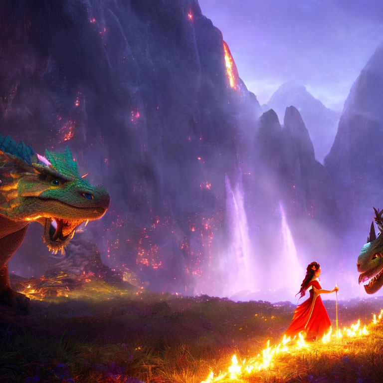 Woman in red dress between two dragons in mystical landscape with fiery trails, waterfalls, glowing peaks