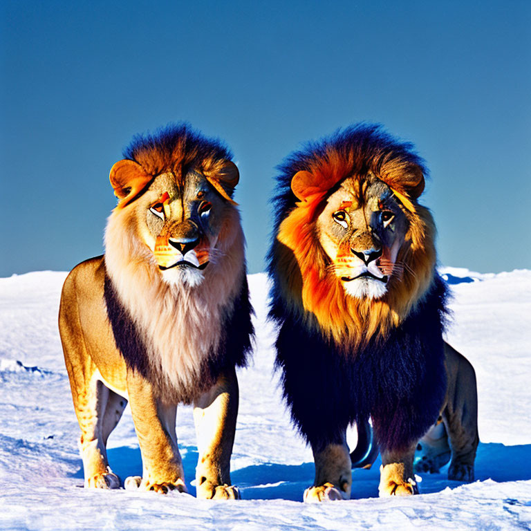 Two lions with vibrant manes in snowy landscape under clear blue sky