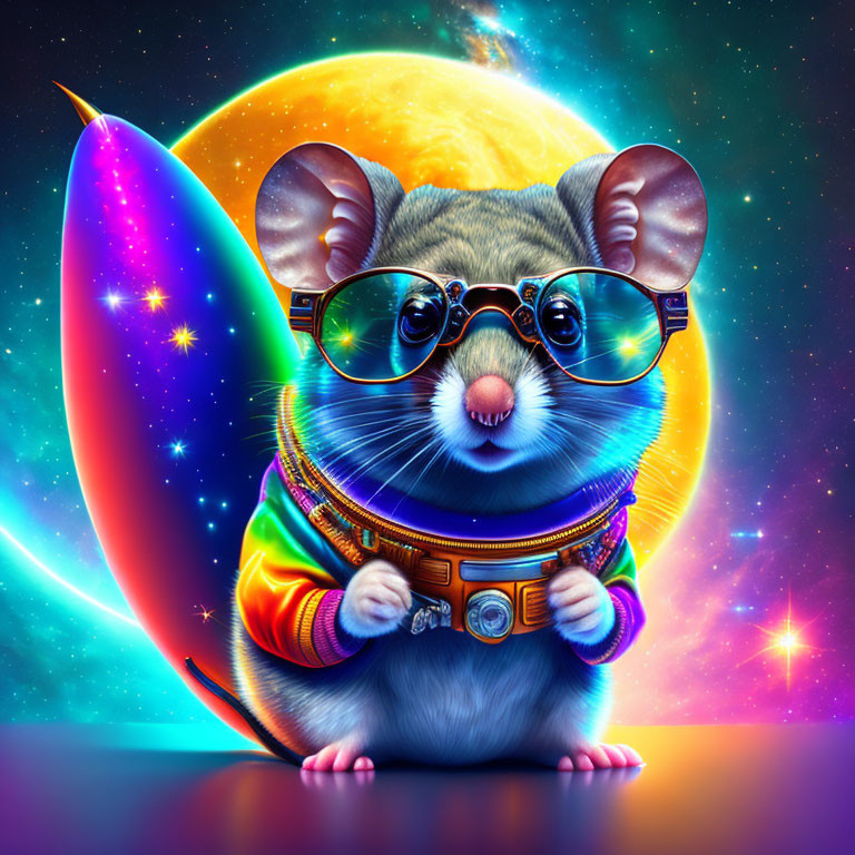 Colorful anthropomorphic mouse in rainbow sweater and glasses with camera against cosmic background.