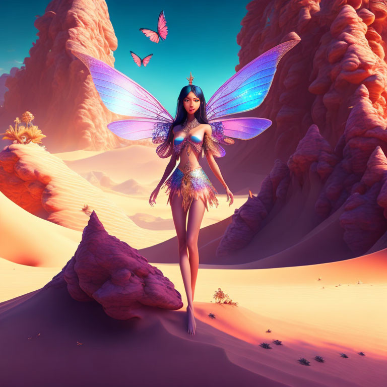 Iridescent fairy with butterfly in desert landscape