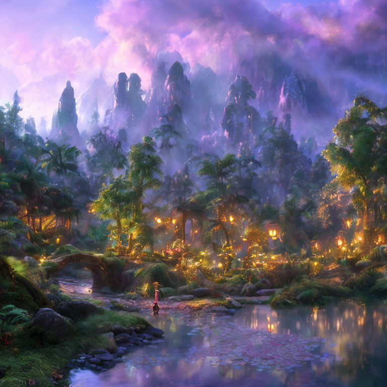 Mystical landscape with illuminated trees, tranquil river, and fog-covered mountains at twilight