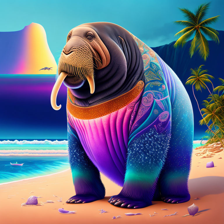 Colorful Walrus Illustration on Tropical Beach with Rainbow