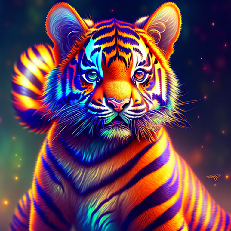 Colorful Neon Tiger with Rainbow Background and Mystical Glow