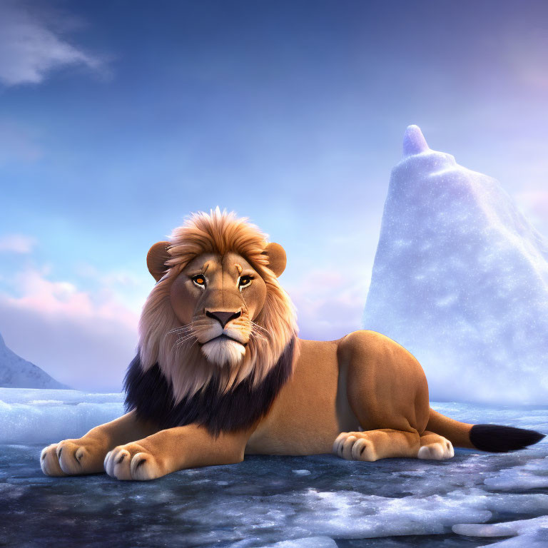 Majestic lion with flowing mane on icy terrain with icebergs and blue sky