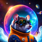 Stylized astronaut mouse with sunglasses in cosmic scene