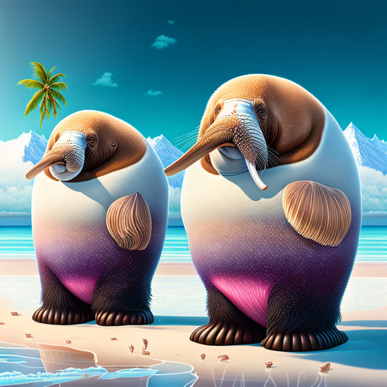 Stylized walruses with starry textures on beach with palm trees and mountains