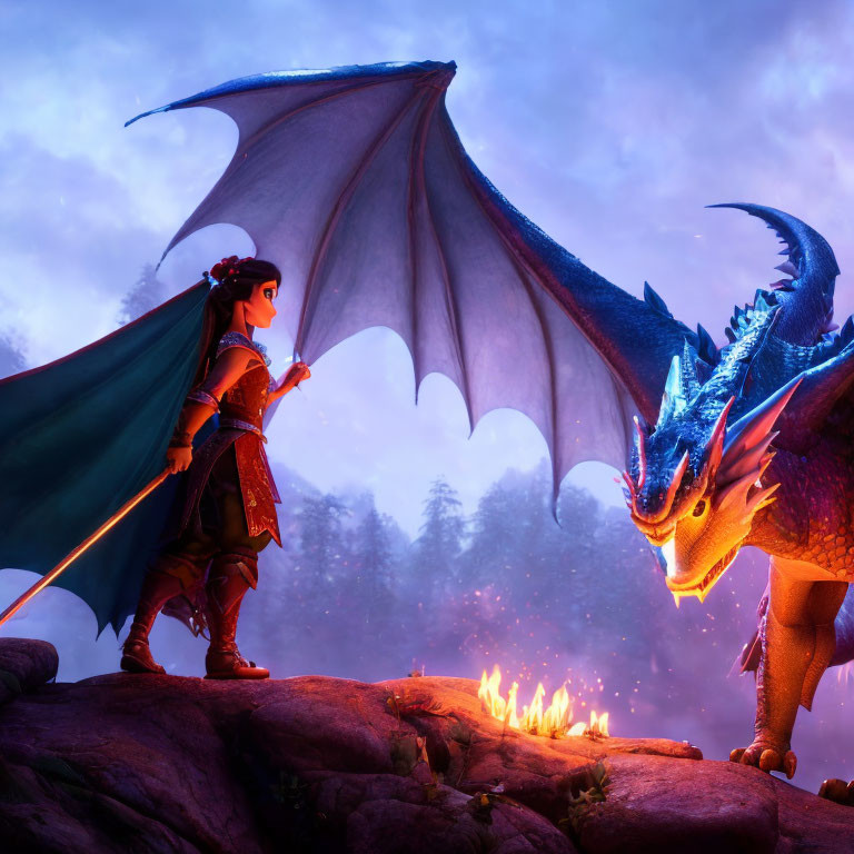 Animated warrior and dragon on rocky outcrop at dusk