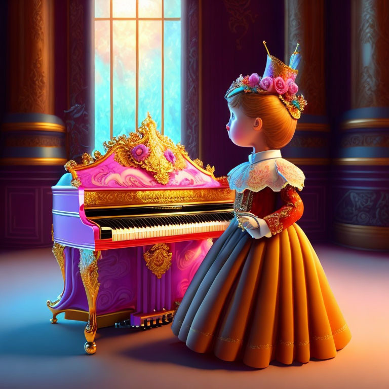 Young girl in royal dress at grand piano in luxurious room