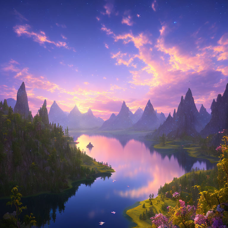 Tranquil twilight landscape with starry skies, towering mountains, and vibrant flora reflected in a serene