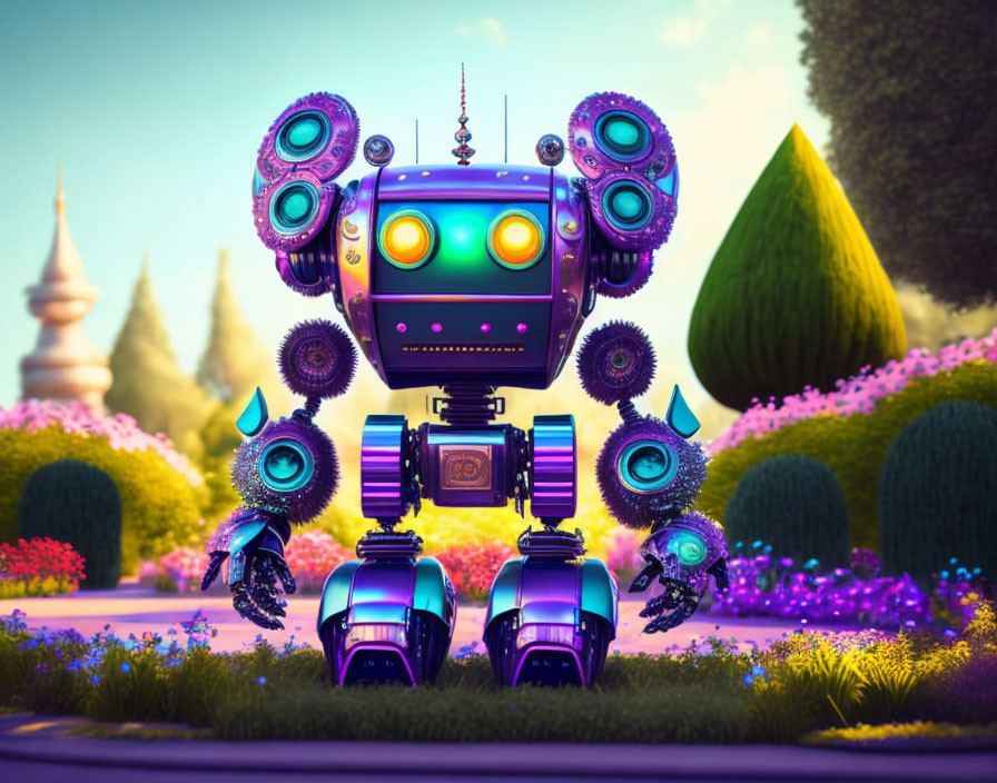 Colorful Whimsical Robot with Multiple Speakers in Vibrant Stylized Garden