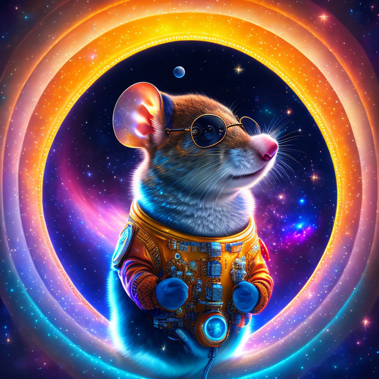 Illustration of mouse astronaut in golden spacesuit against cosmic background