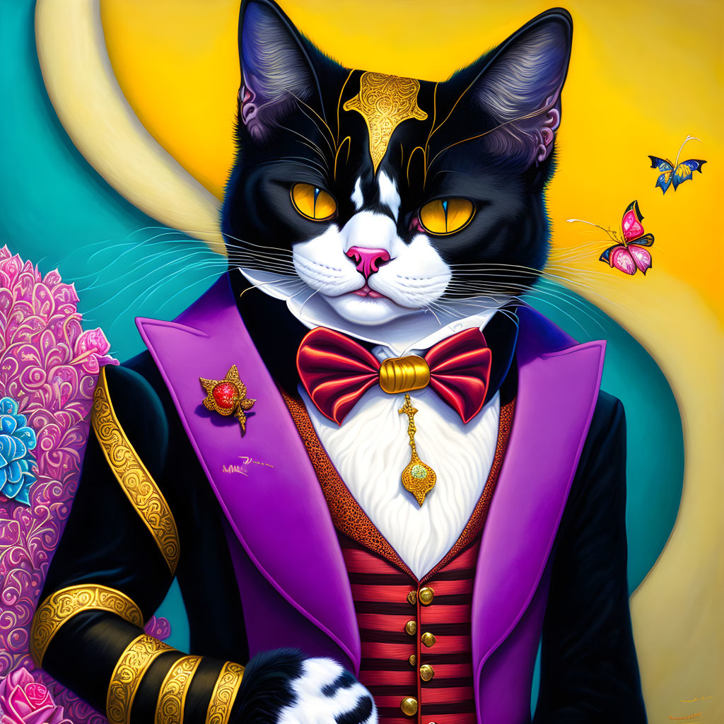 Elegant anthropomorphic cat in purple suit with vibrant colors