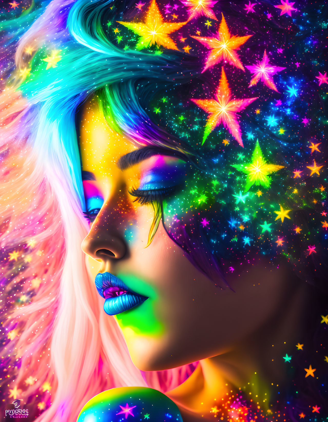 Colorful portrait of a woman with space-inspired makeup and hair