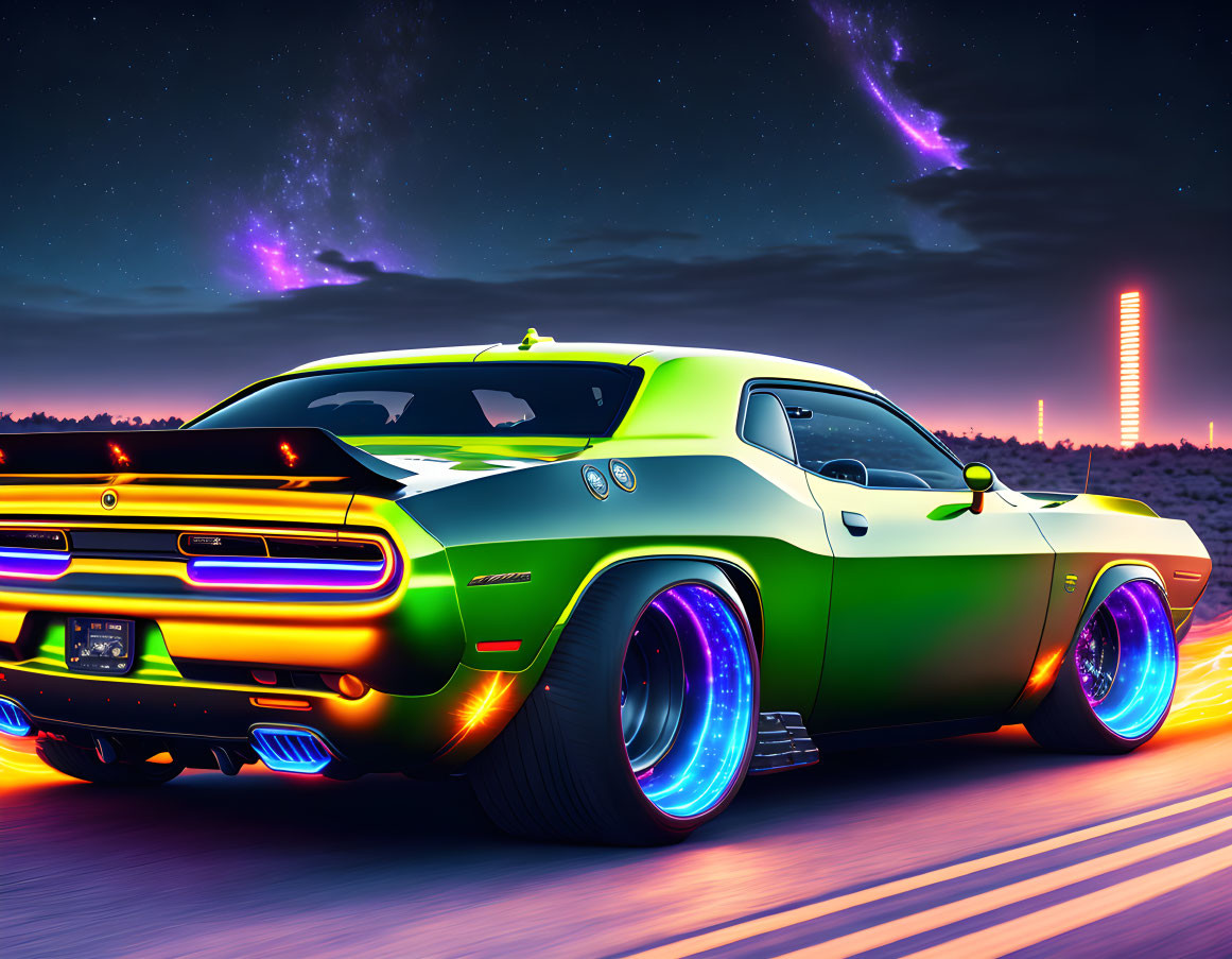 Neon-lit sports car on twilight road with galaxy sky & futuristic backdrop