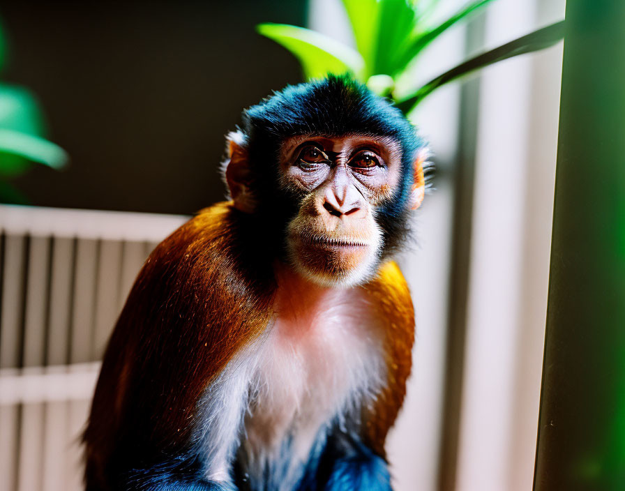 Contemplative red and blue monkey indoors with greenery and soft lighting