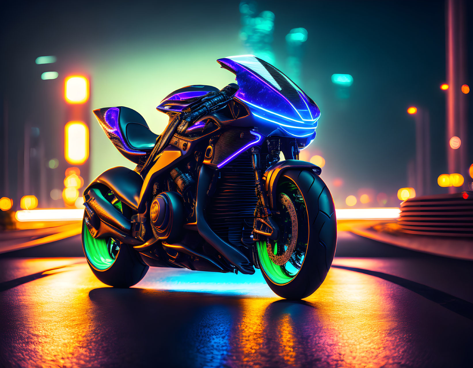 Sleek futuristic motorcycle with neon lights in urban night scene