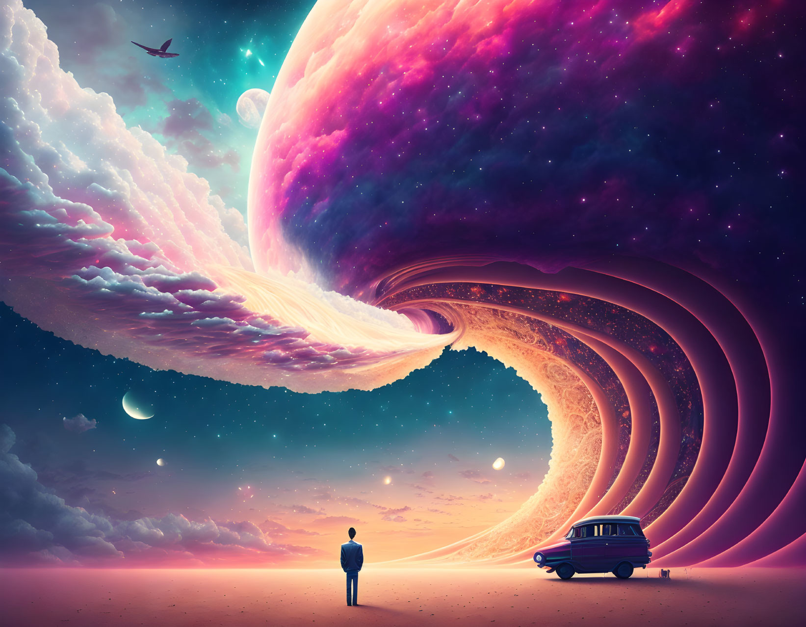 Person with vintage car on beach views surreal cosmic whirlpool with vibrant planets, plane, and colorful sky