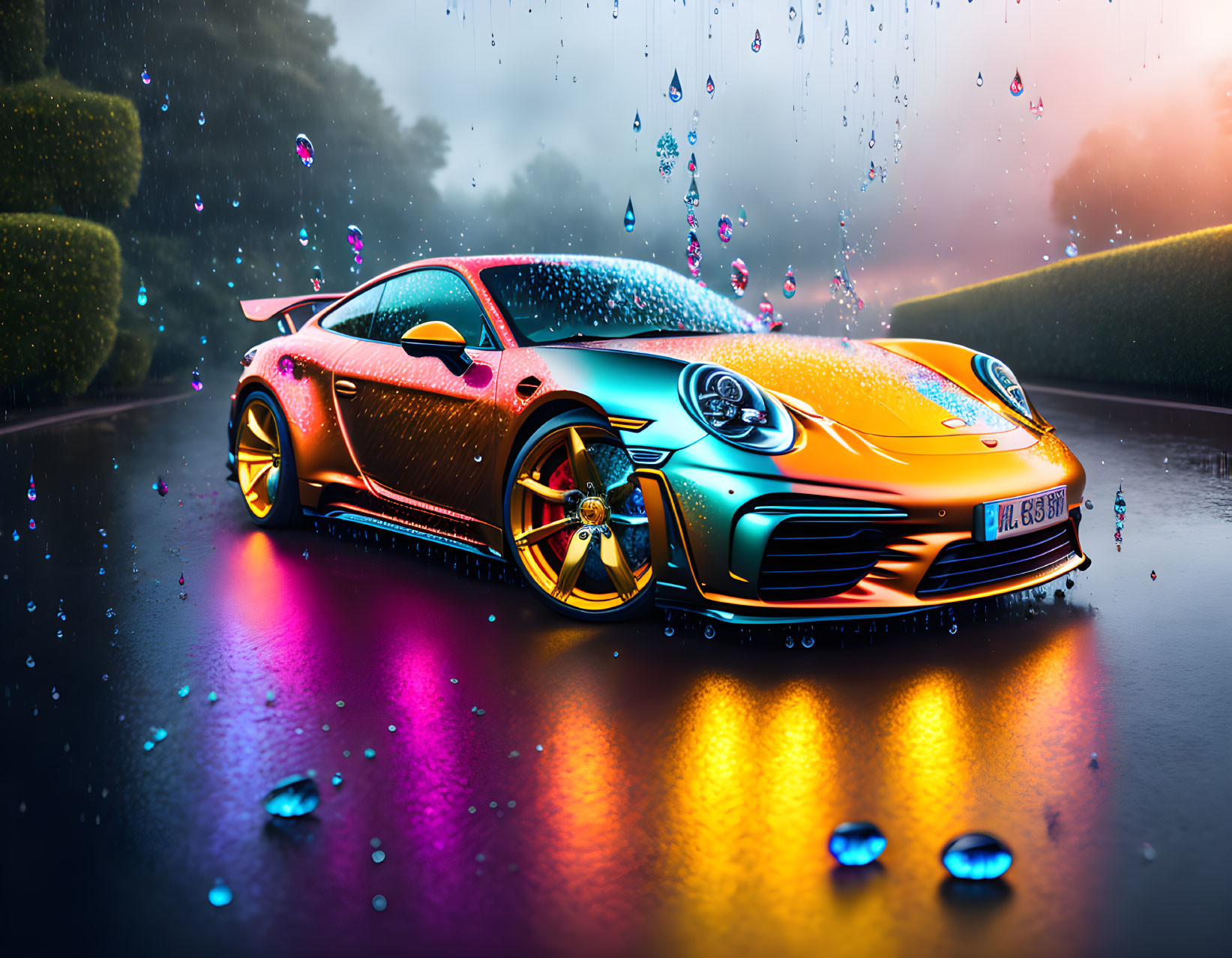 Vibrant sports car parked on wet road with raindrops and reflections