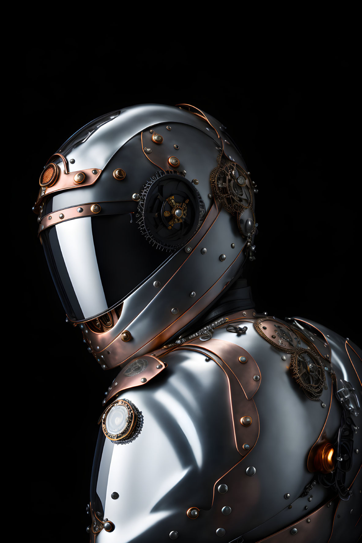 Steampunk-style robot with metallic armor and copper accents on dark background