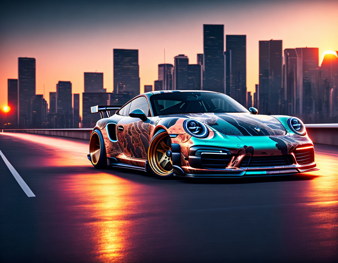 Custom-Wrapped Porsche with Unique Graphics on Empty Highway at Sunset