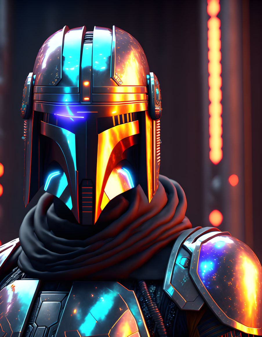 Futuristic warrior in stylized helmet and reflective visor against neon-lit backdrop