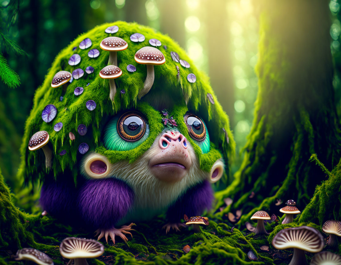 Fantastical creature with large eyes and mossy-furred body in enchanted forest