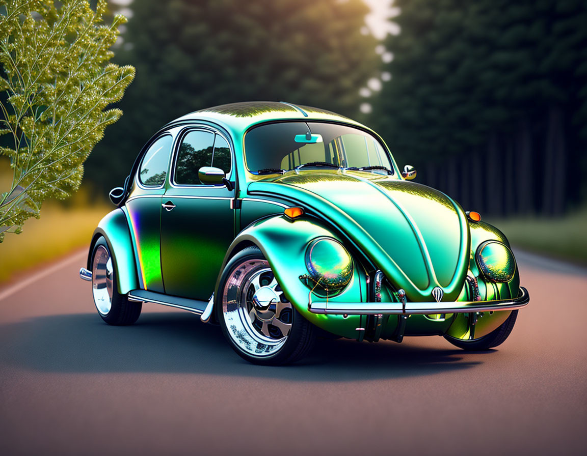 Vintage Volkswagen Beetle Car with Teal and Green Paint on Road in Nature