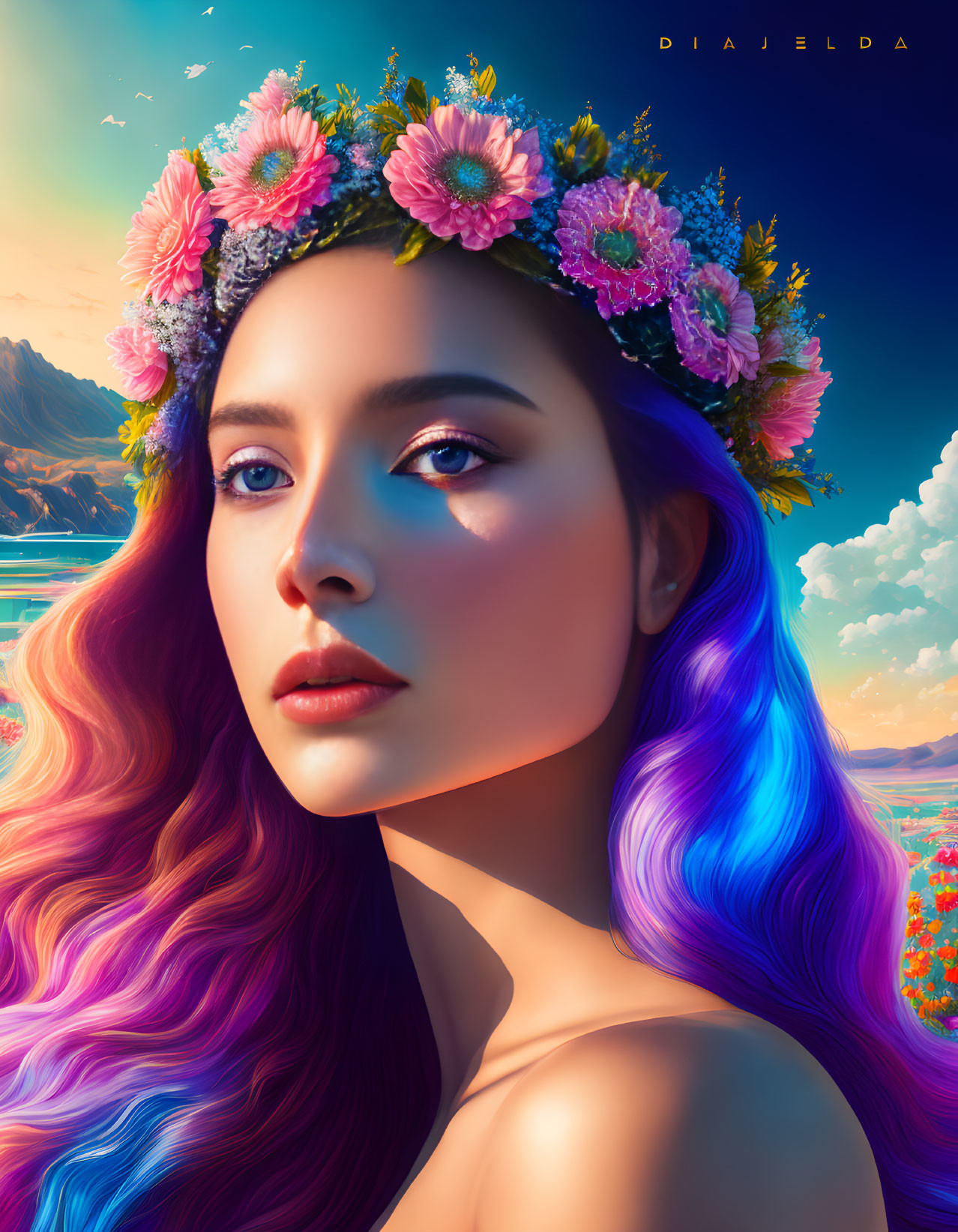 Woman with Floral Crown and Colorful Hair in Mountain Landscape