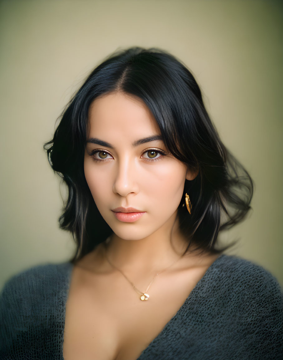 Portrait of Woman with Dark Hair in Gray Sweater and Gold Jewelry