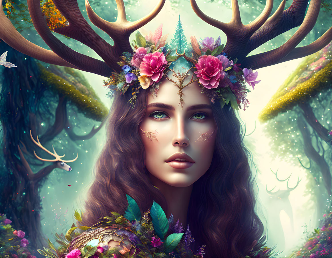 Fantastical portrait of a woman with antlers in whimsical forest landscape