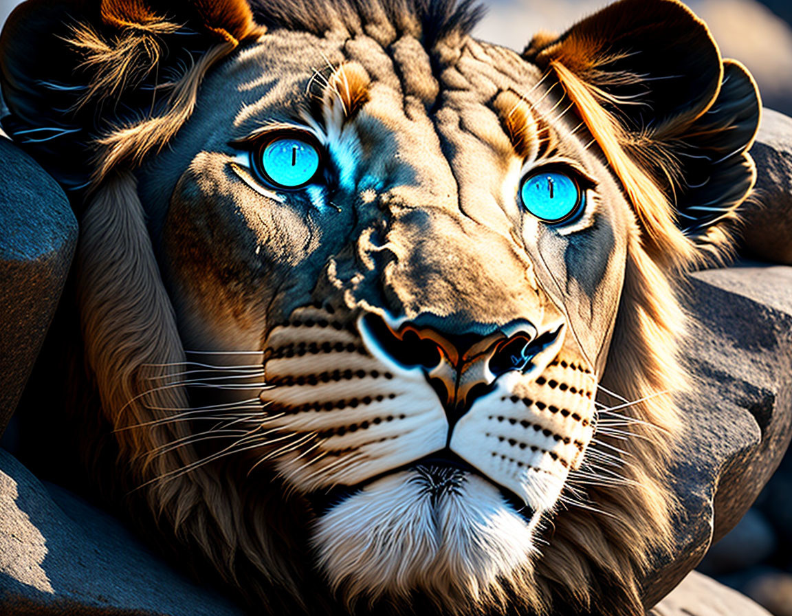 Digitally altered lion with striking blue eyes resting on rocks